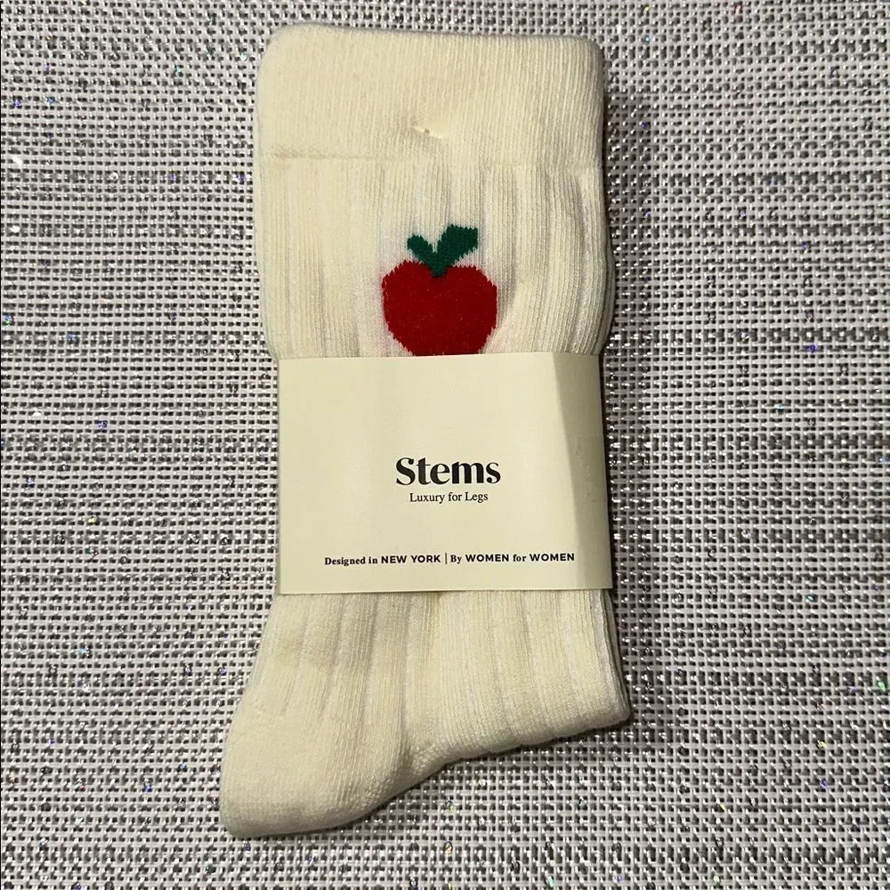 Stems 1 Pair Ivory Red Green Apple Print Cotton Blend Stretch Knit Crew Socks